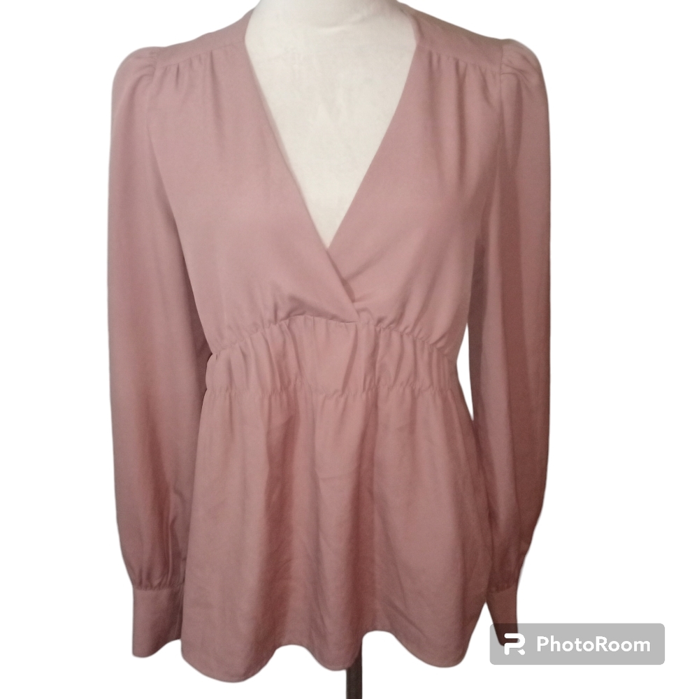 Stile Benetton Mauve Pink Cinched Waist V-Neck Blouse Size M